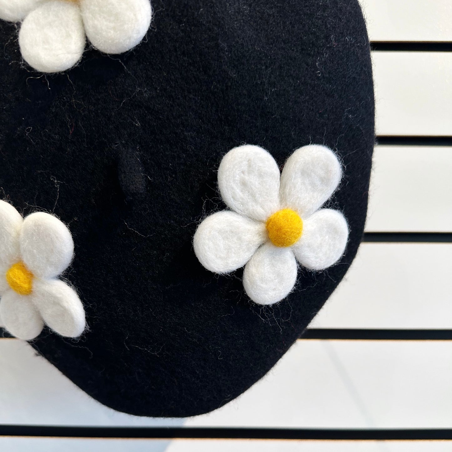Beret - Black w/ White Flowers