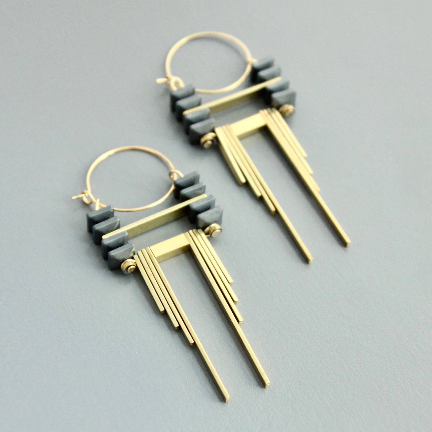 ArtDeco Hematite and Brass Hoop Earrings