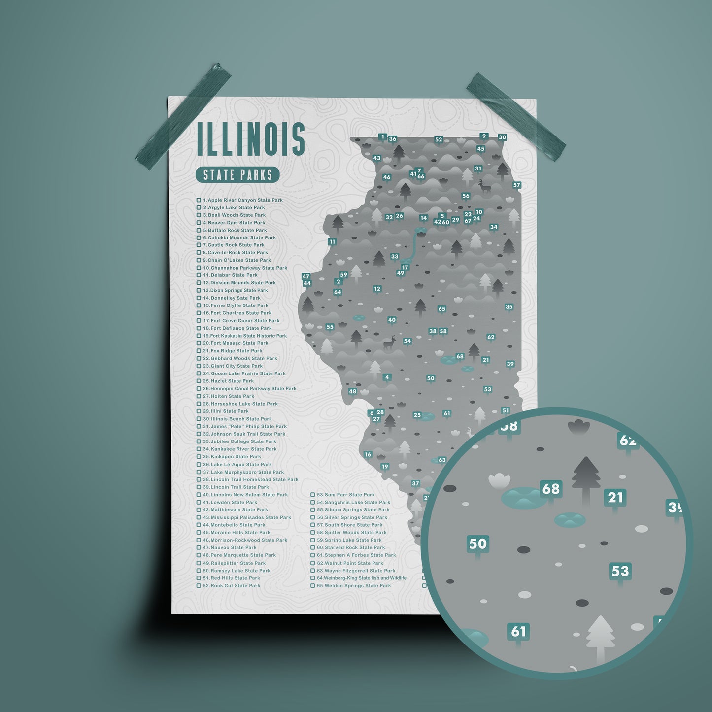 Image of the “Checklist” Illinois State Park Map, with close up view included.