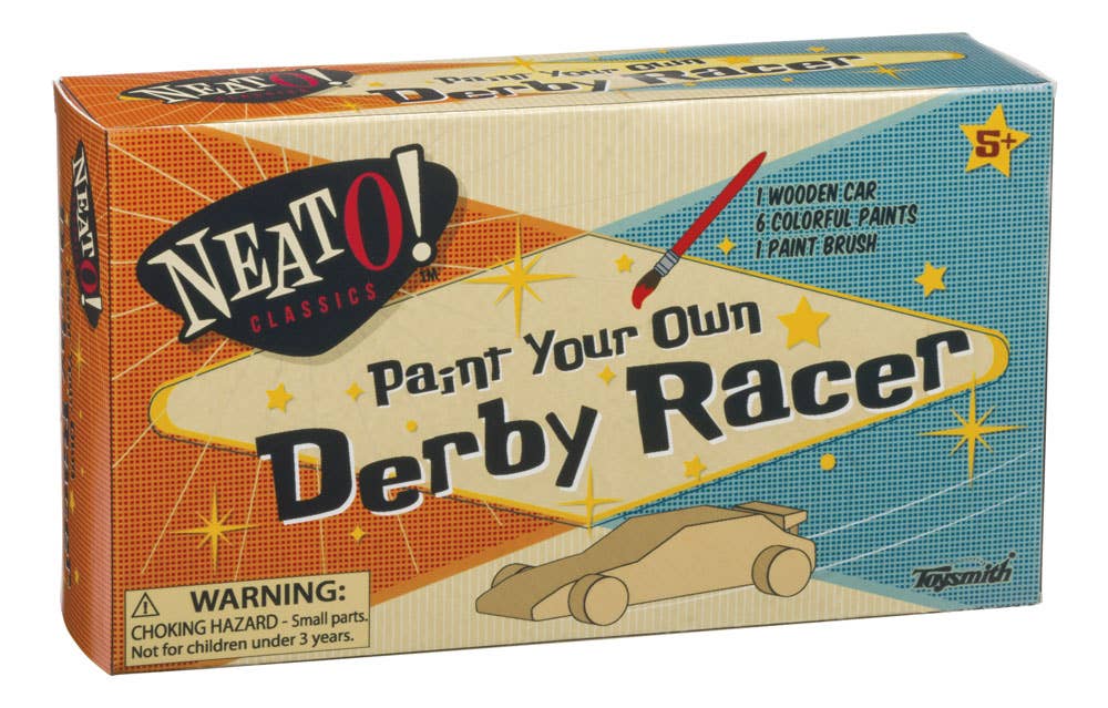 Photo of the packaging for the Neato! Paint Your Own Derby Racer.