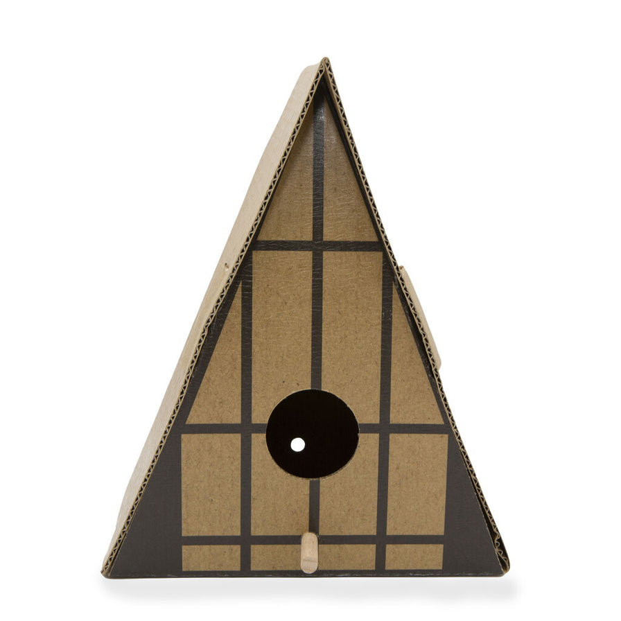 Photo of the DIY A-Frame Bird House, completed, on a white background.