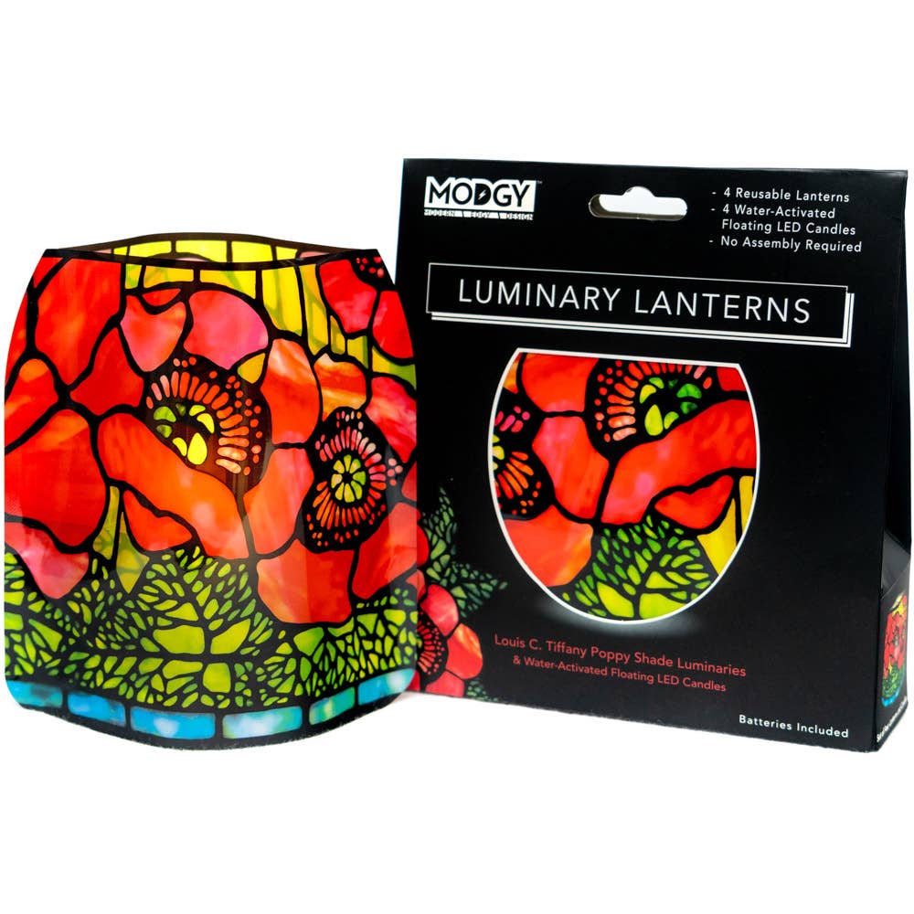 Image of the “Poppies” Luminary Lantern, next to it in its retail packaging.