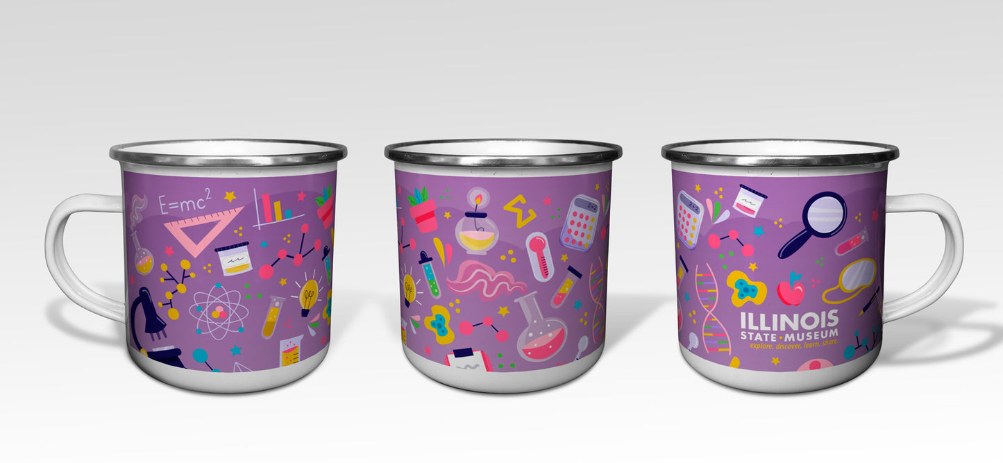 Stock design image of every side of the purple Illinois State Museum camp mug.