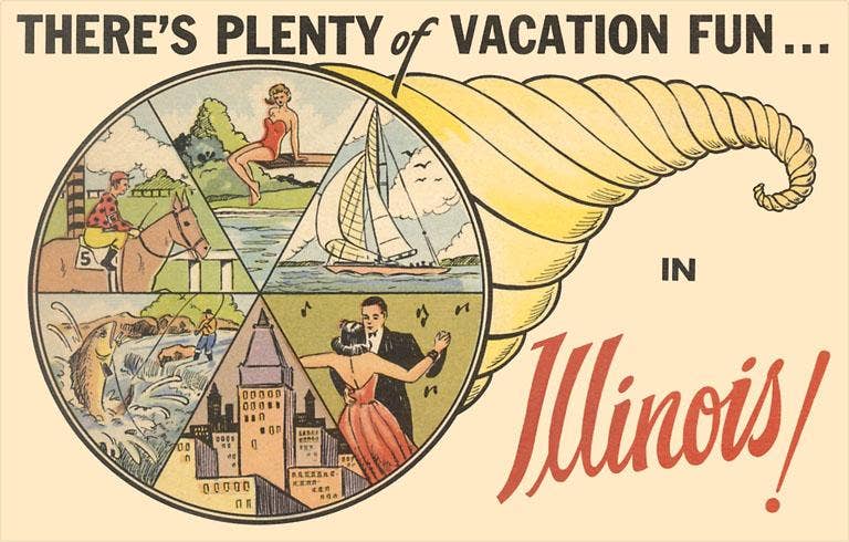 Note card reading “There’s Plenty of Vacation Fun…in Illinois!”