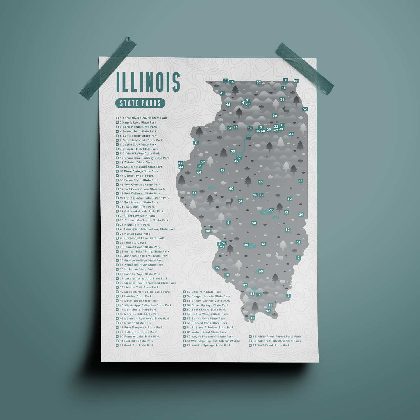 Photo of the “Checklist” Illinois State Park Map, taped on a wall.