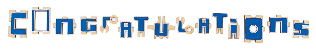 Wooden pieces from the Congratulations greeting card.