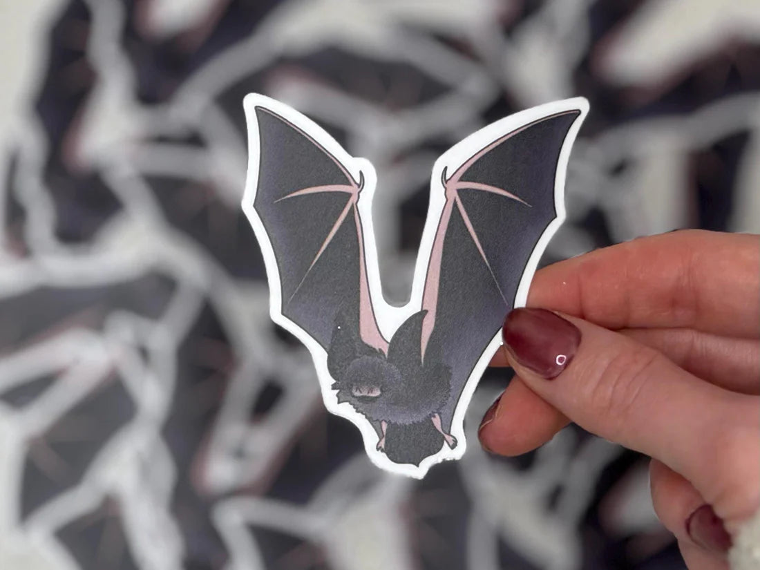 A hand holding a bat shaped sticker.