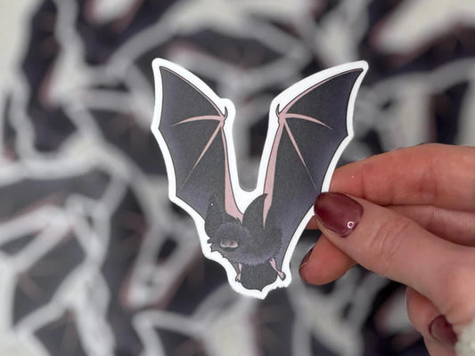 A hand holding a bat shaped sticker.