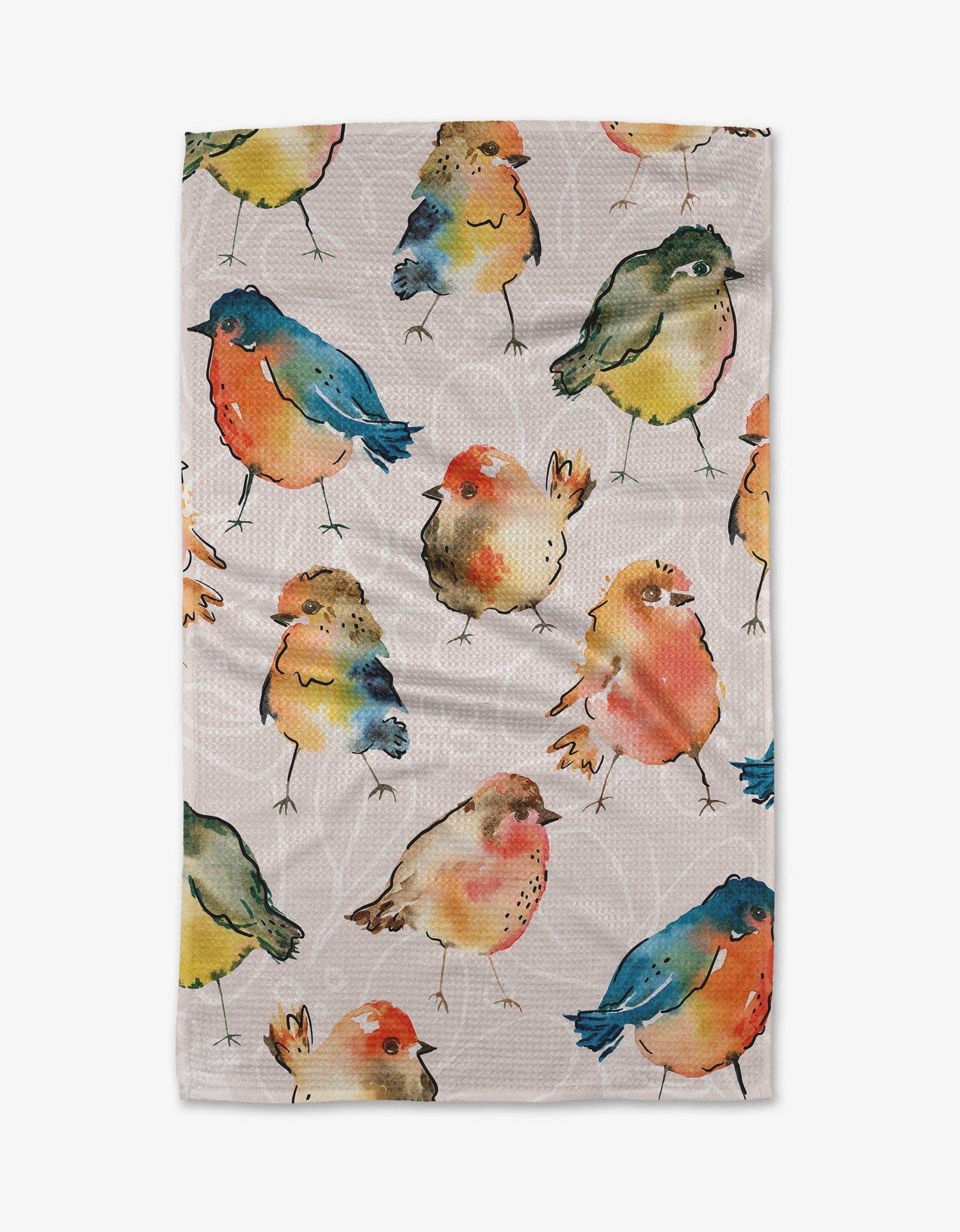 A decorative beige tea towel with various water color style birds on a white background. 