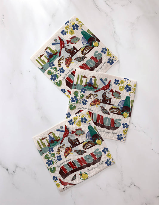 Three decorative dishcloths with ‘Greeting’s from Illinois the prairie state’ among skylines, landmarks, animals, plants, and food of Illinois. On a marbled background.