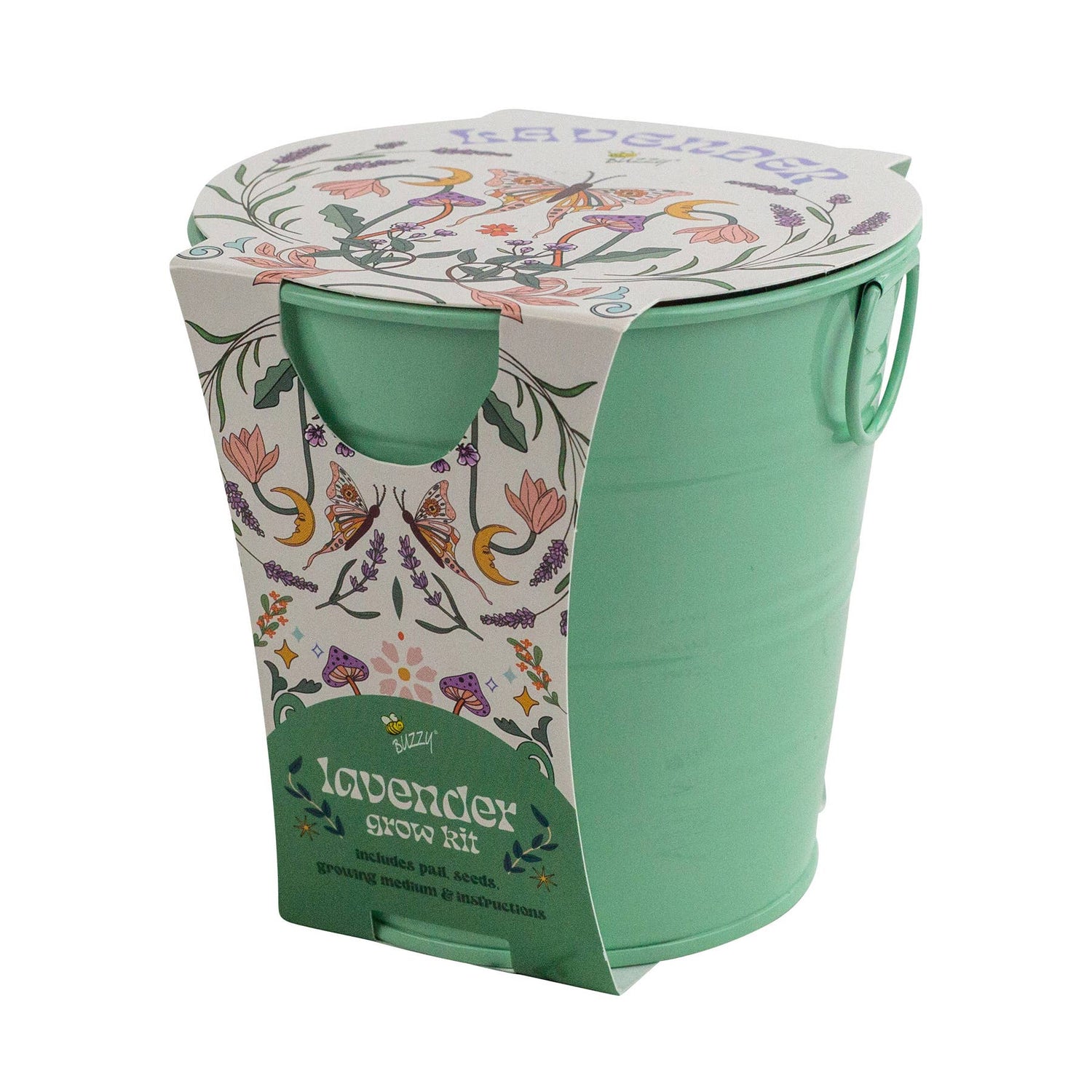 Green bucket with decorative packaging with ‘Lavender grow kit’ on it.