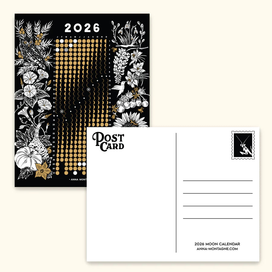 A black, white, and gold 2026 moon calendar with floral designs. Back of postcard also displayed with space for text, a stamp box with a mantis in it, and credits at the bottom ‘2026 moon calendar Anna-Montagne dot com’ on a light beige background