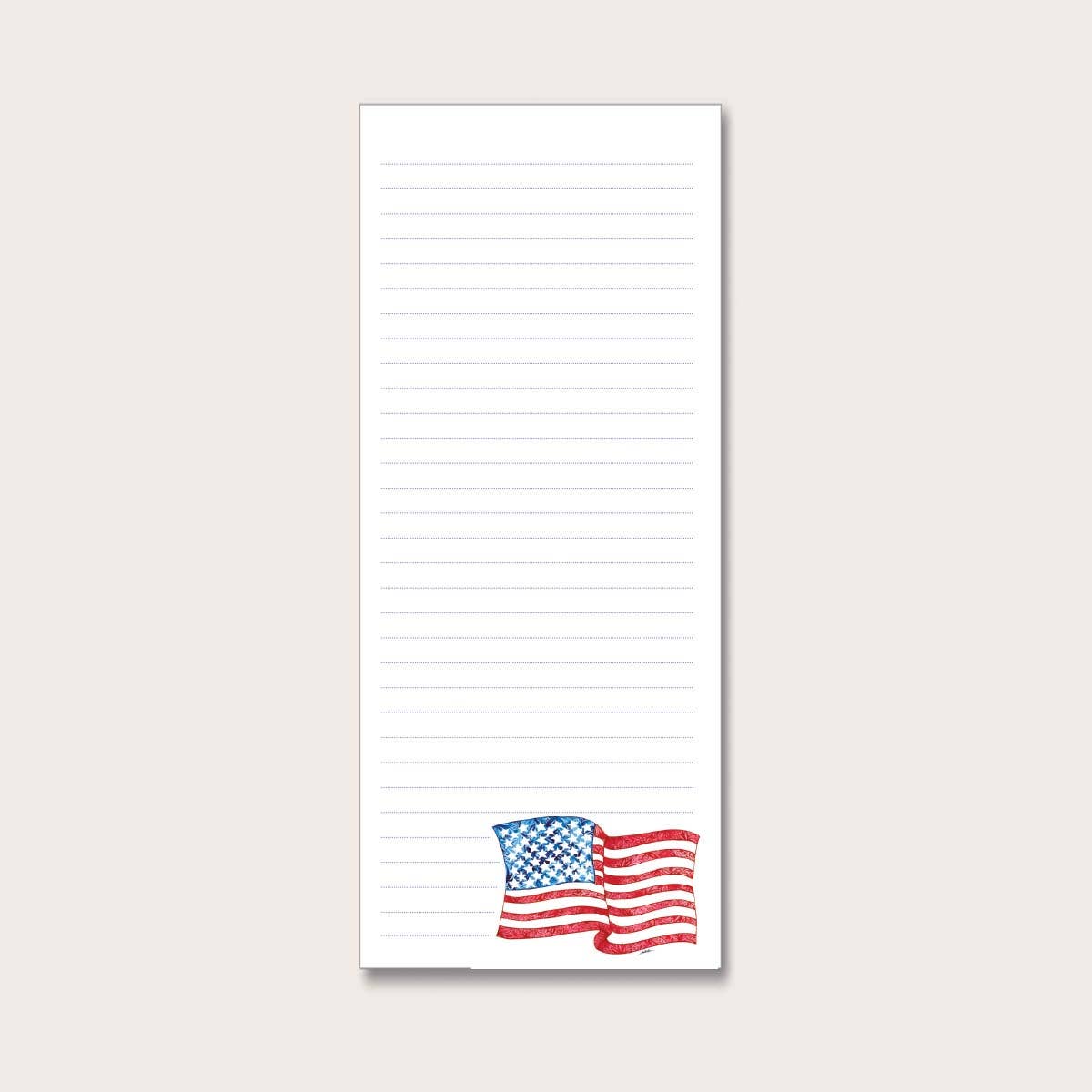 Notepad with American flag design on the bottom on a light gray background.