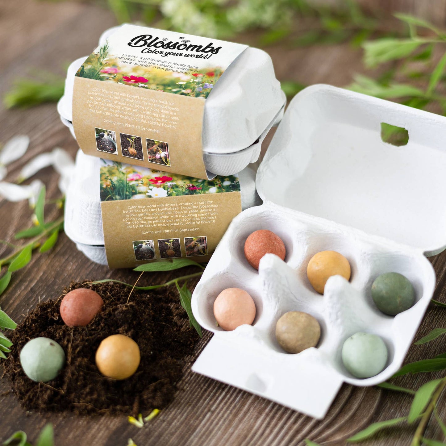 Egg shaped carton with color balls of wildflower seeds. On a wooden table with greenery decorating the table.