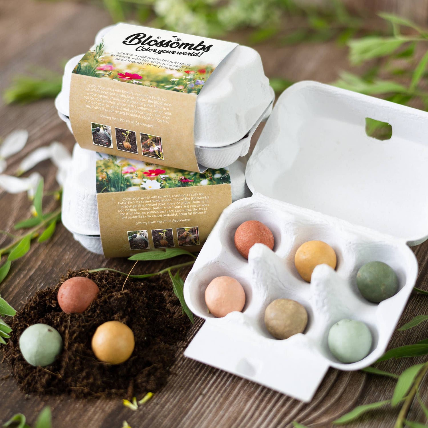 Egg shaped carton with color balls of wildflower seeds. On a wooden table with greenery decorating the table.