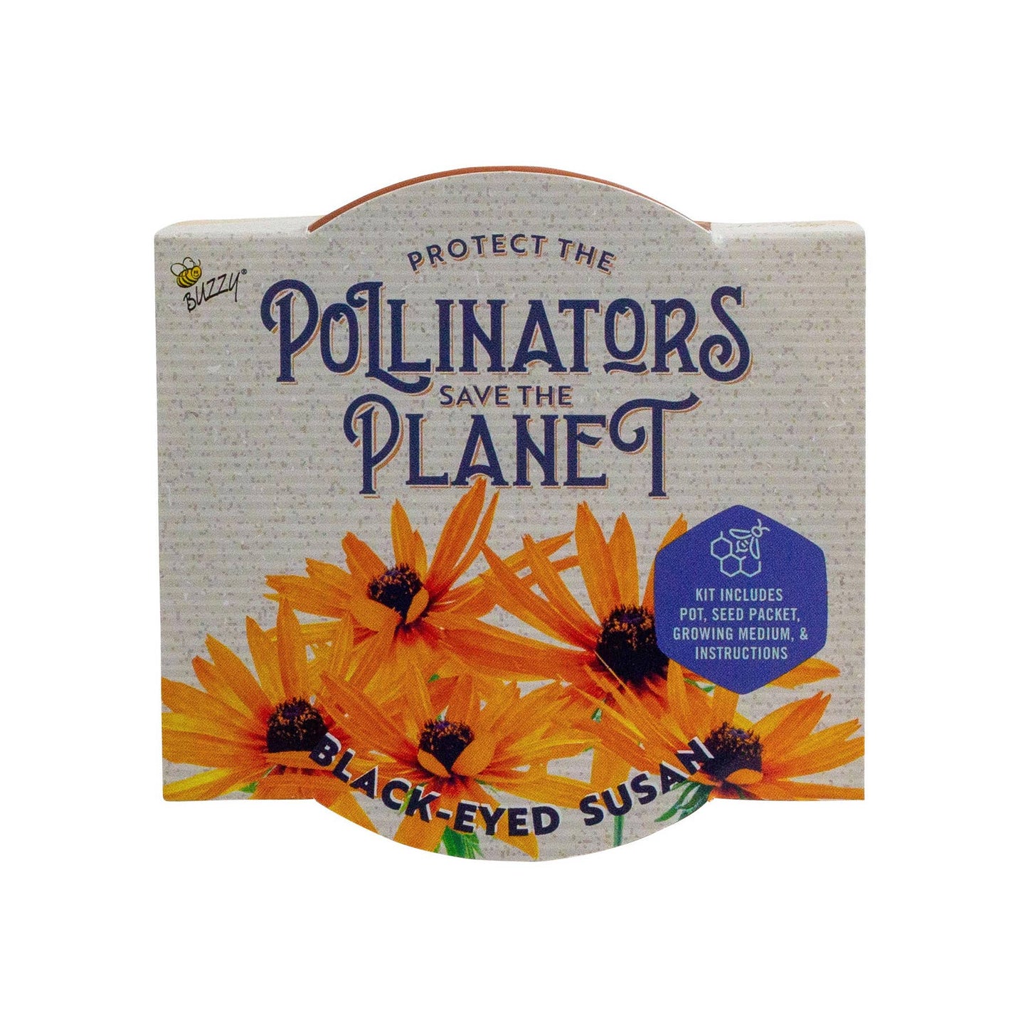 Top of packaging for Black-Eyed Susan plant kit and text about protecting pollinators.