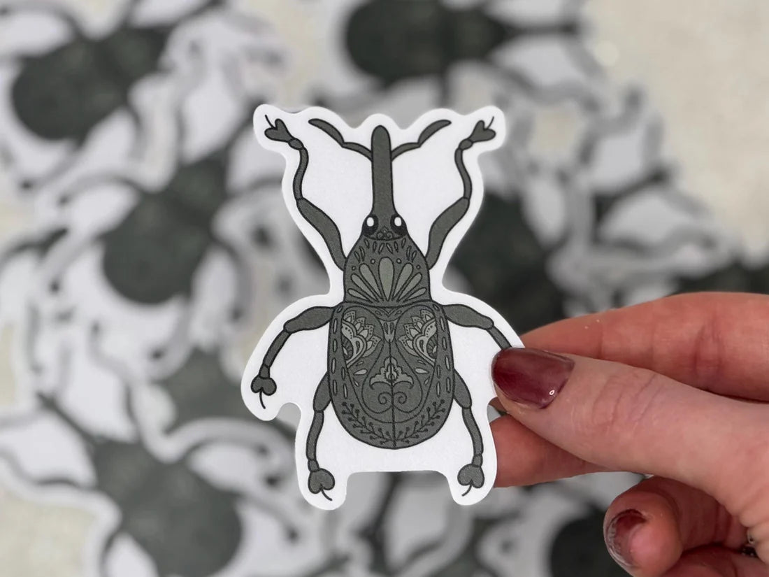 Hand holding a decorative weevil sticker with a patterned design against a blurred background.