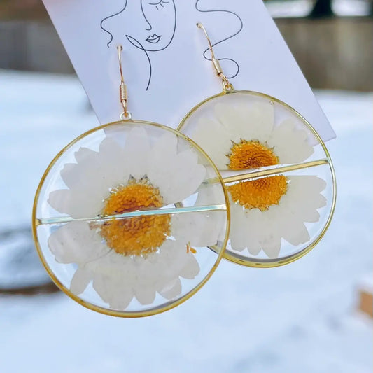 Dried Daisy Flower Handmade Resin Earrings