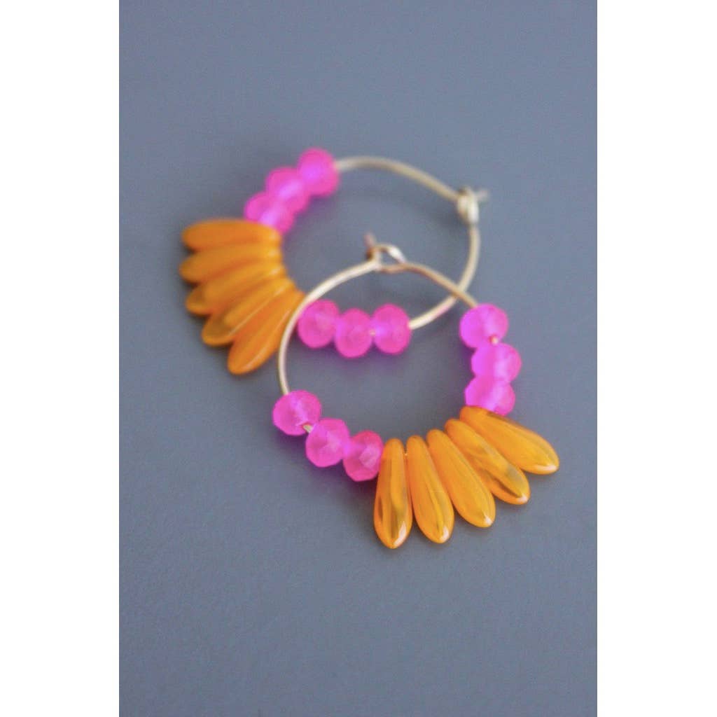 Pink and Orange Glass Hoop Earrings