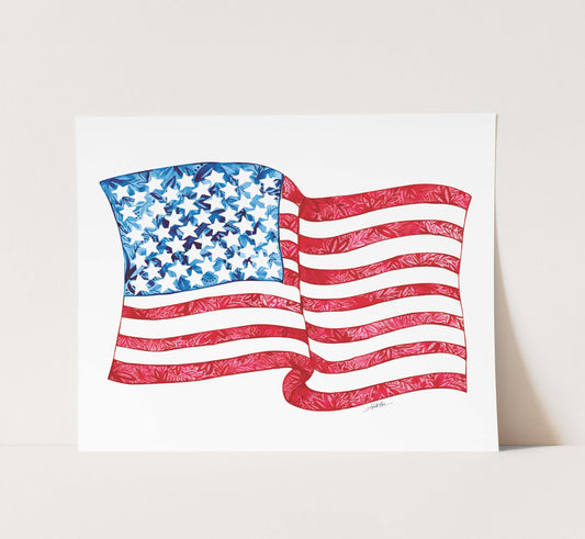 American flag with decorative design print on a white background.