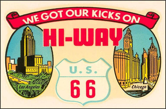 Vintage style design with “We got our kicks on Hi-way US 66” text. The oval on the left shows a drawn depiction of Loa Angeles and the oval on the right shows Chicago.
