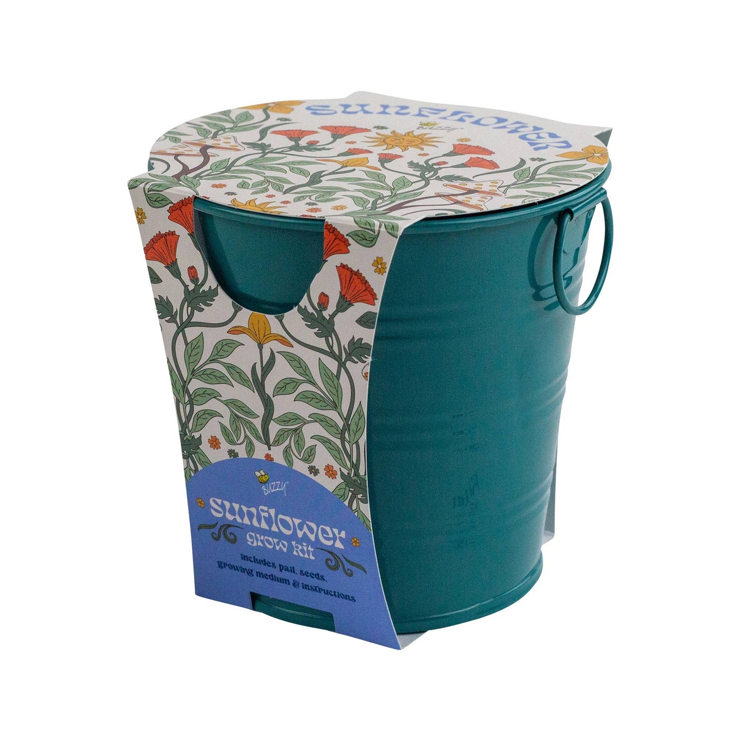 Teal bucket with floral-patterned lid and packaging showing ‘Sunflower grow kit’ on a white background