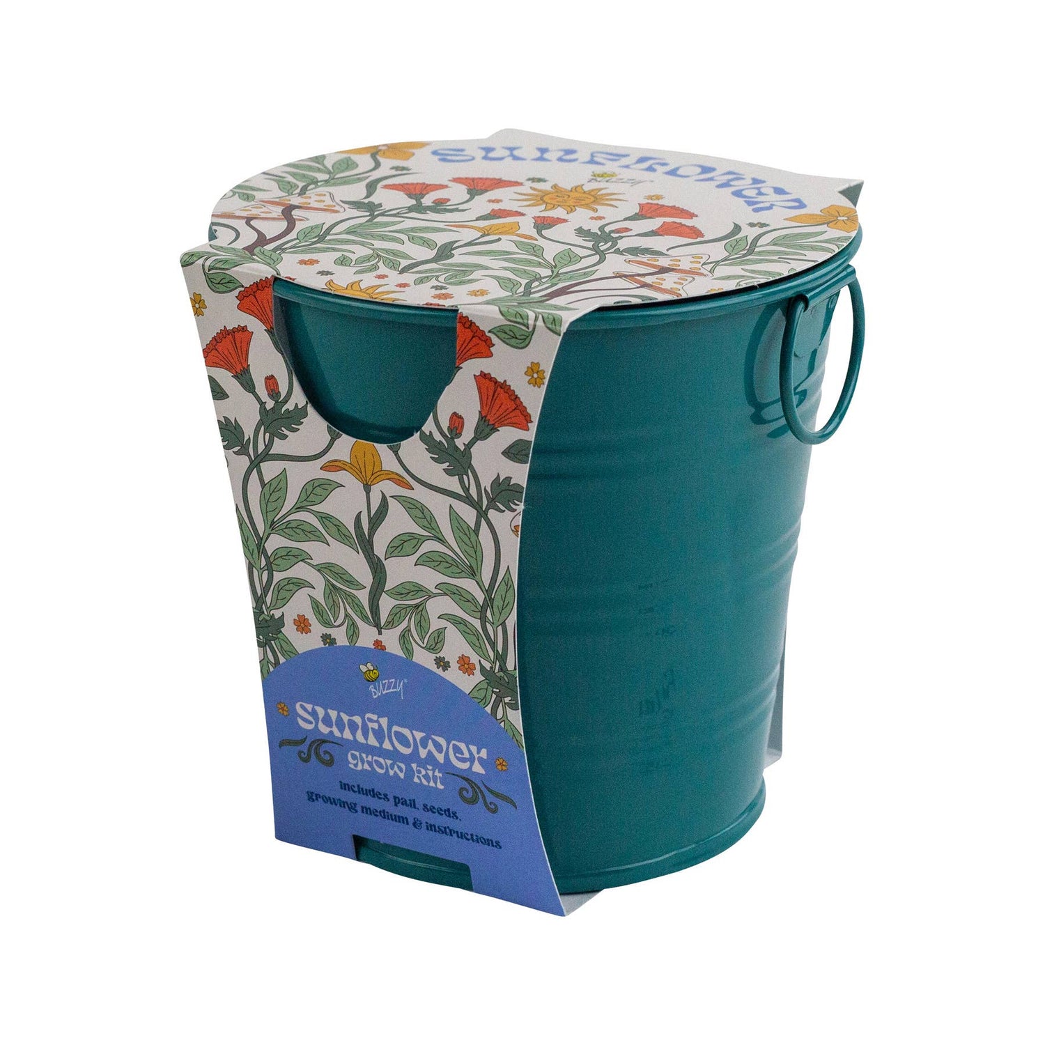Teal bucket with floral-patterned lid and packaging showing ‘Sunflower grow kit’ on a white background