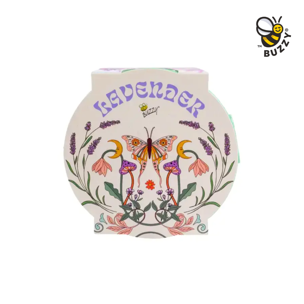 Top of ‘Lavender’ grow kit. Decorative packaging with a colorful butterfly and greenery on a white background.