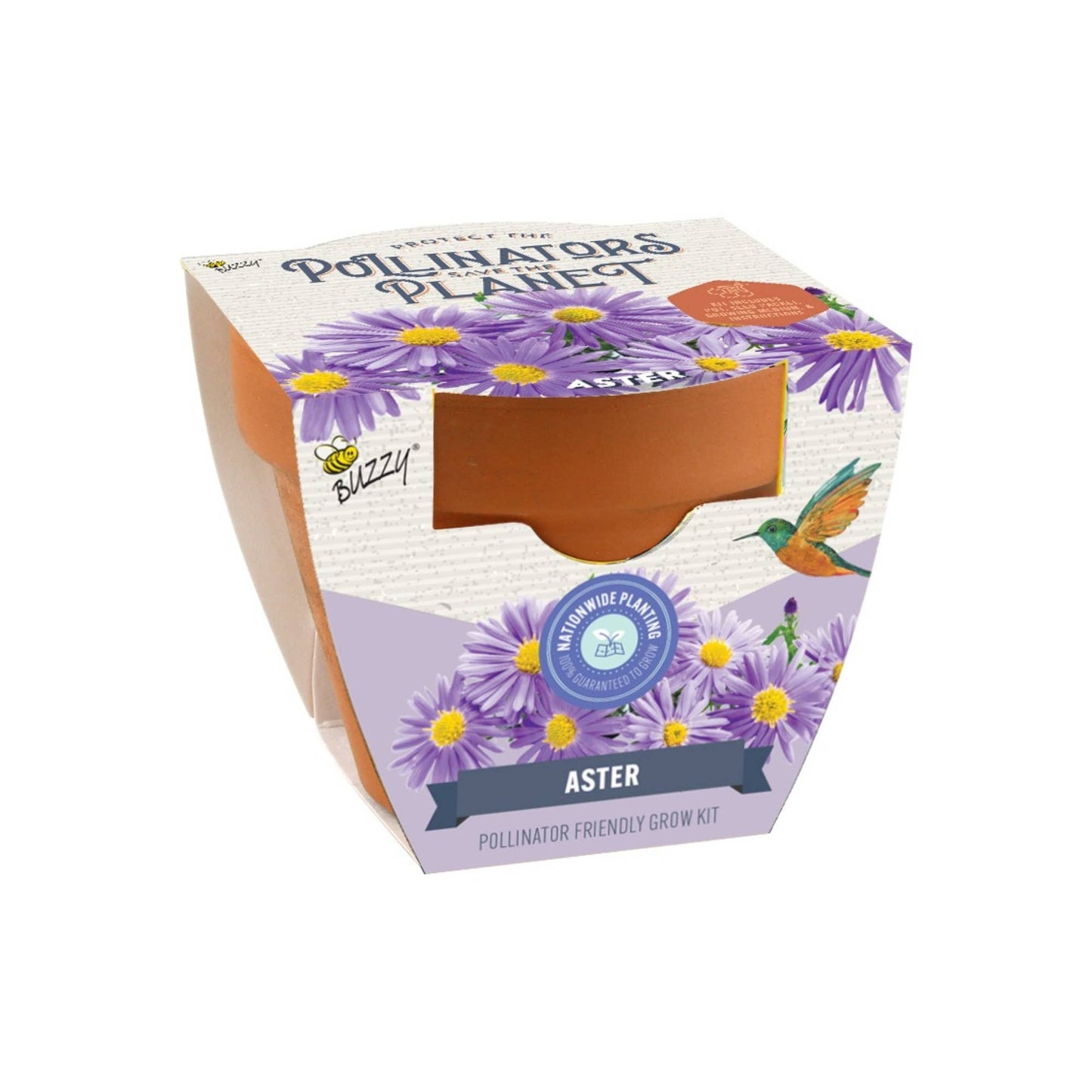 Front of Aster pollinator friendly grow kit on white background.