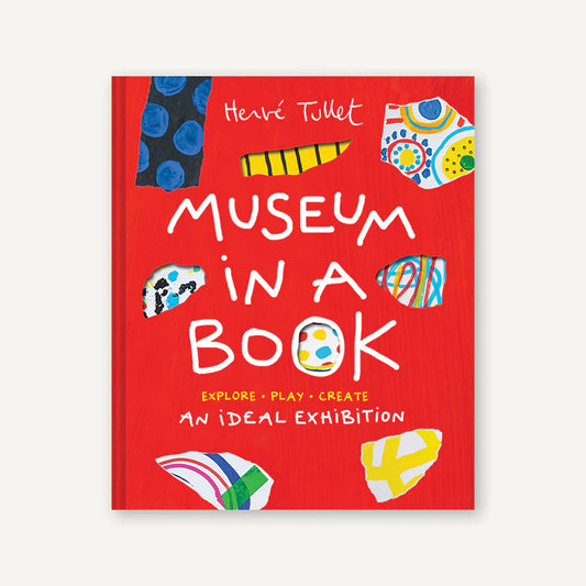 Book titled 'Museum in a Book' by Herve Tullet with colorful illustrations on a red overall cover. On a white background.