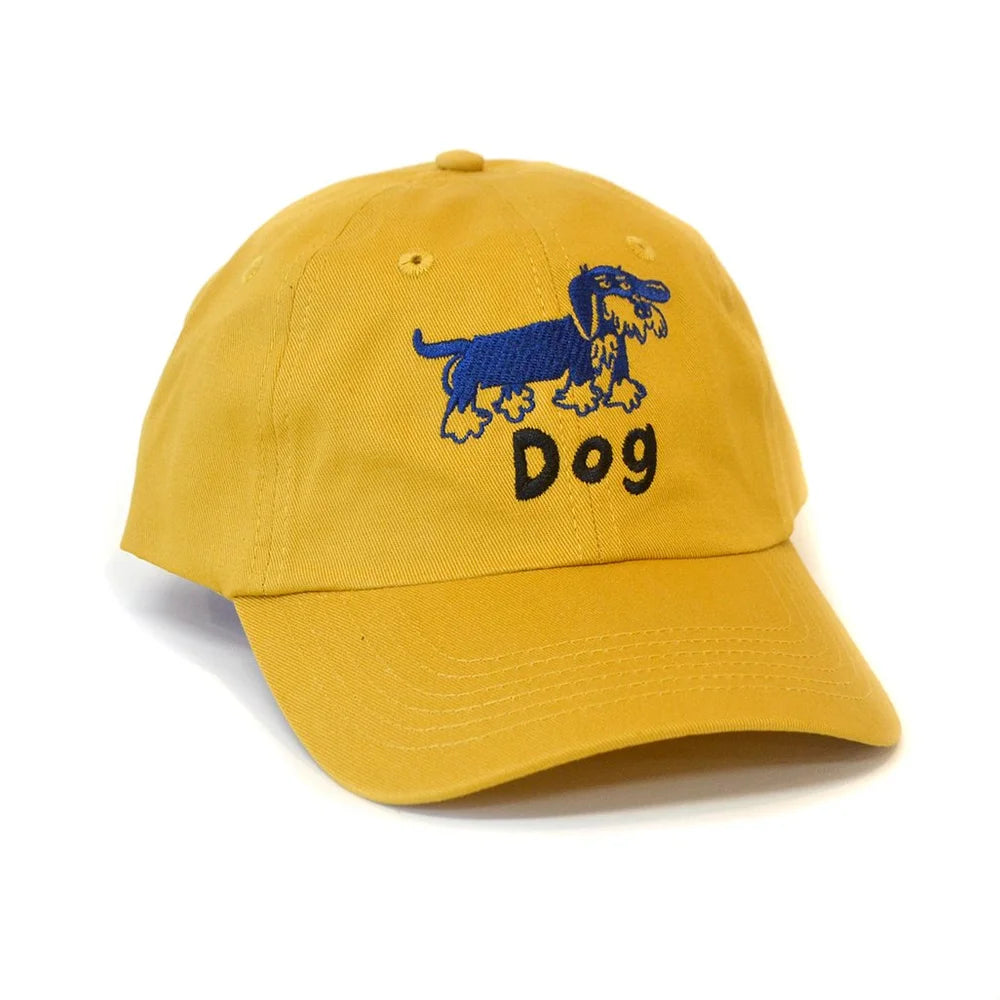 Yellow cap with blue dog graphic and 'Dog' text on a white background