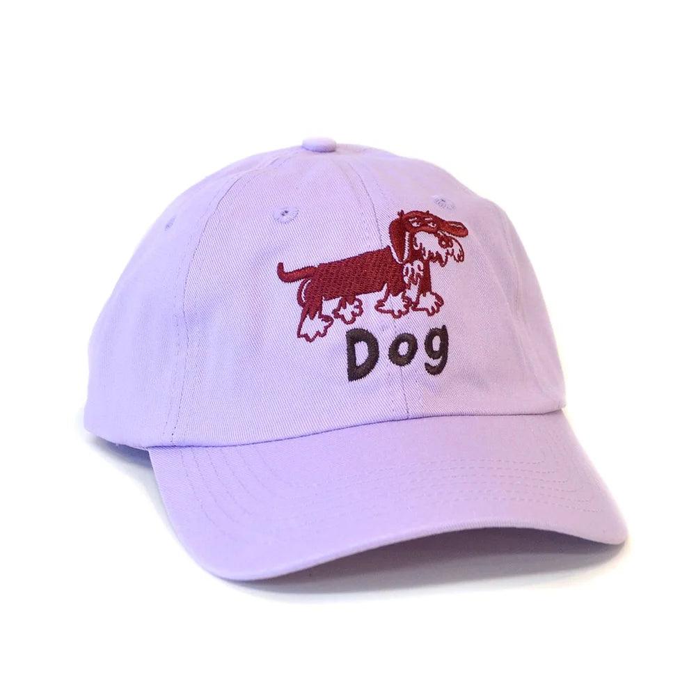 Lilac purple cap with red dog illustration and 'Dog' text on a white background