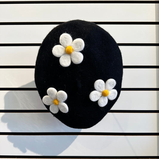 Beret - Black w/ White Flowers