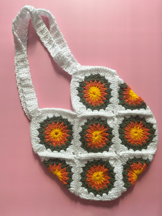 Sunburst Granny Square Crochet Bag (White Bag)