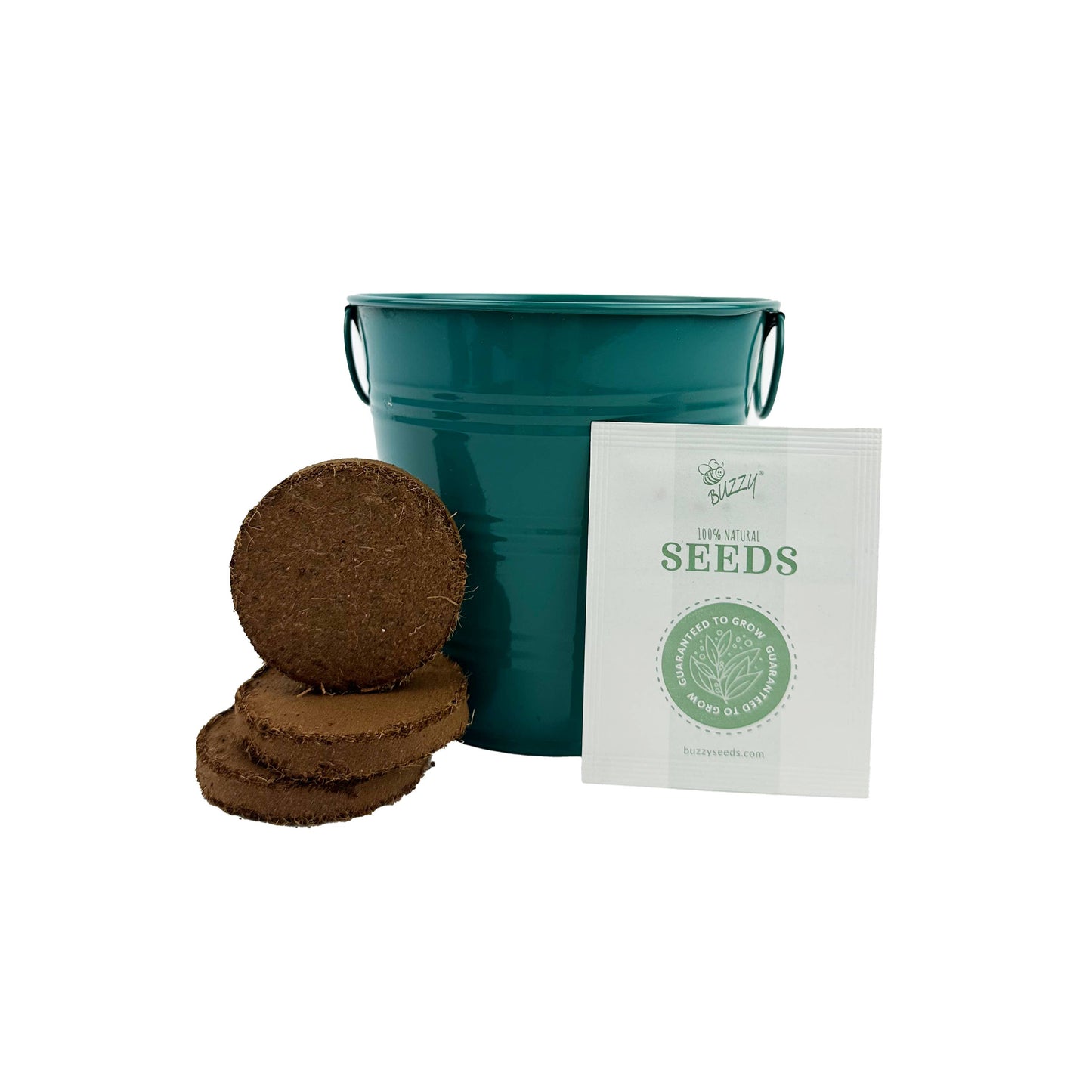 Teal bucket, brown dirt disks, and a packet of seeds on a white background