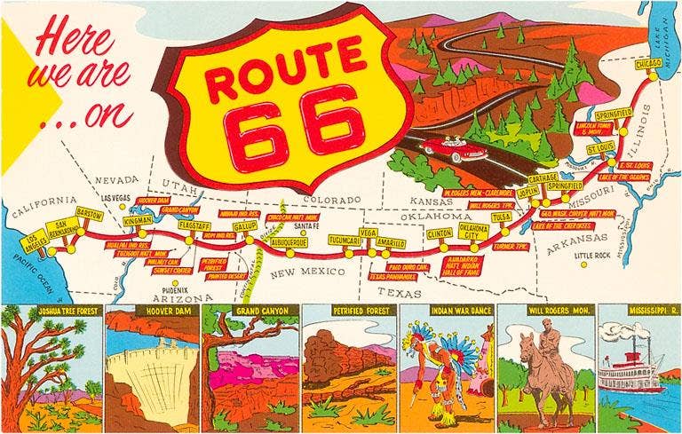 Postcard map of Route 66 with scenic illustrations and text of the different stopping points on Route 66. 