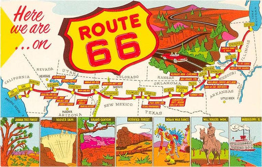 Postcard map of Route 66 with scenic illustrations and text of the different stopping points on Route 66.