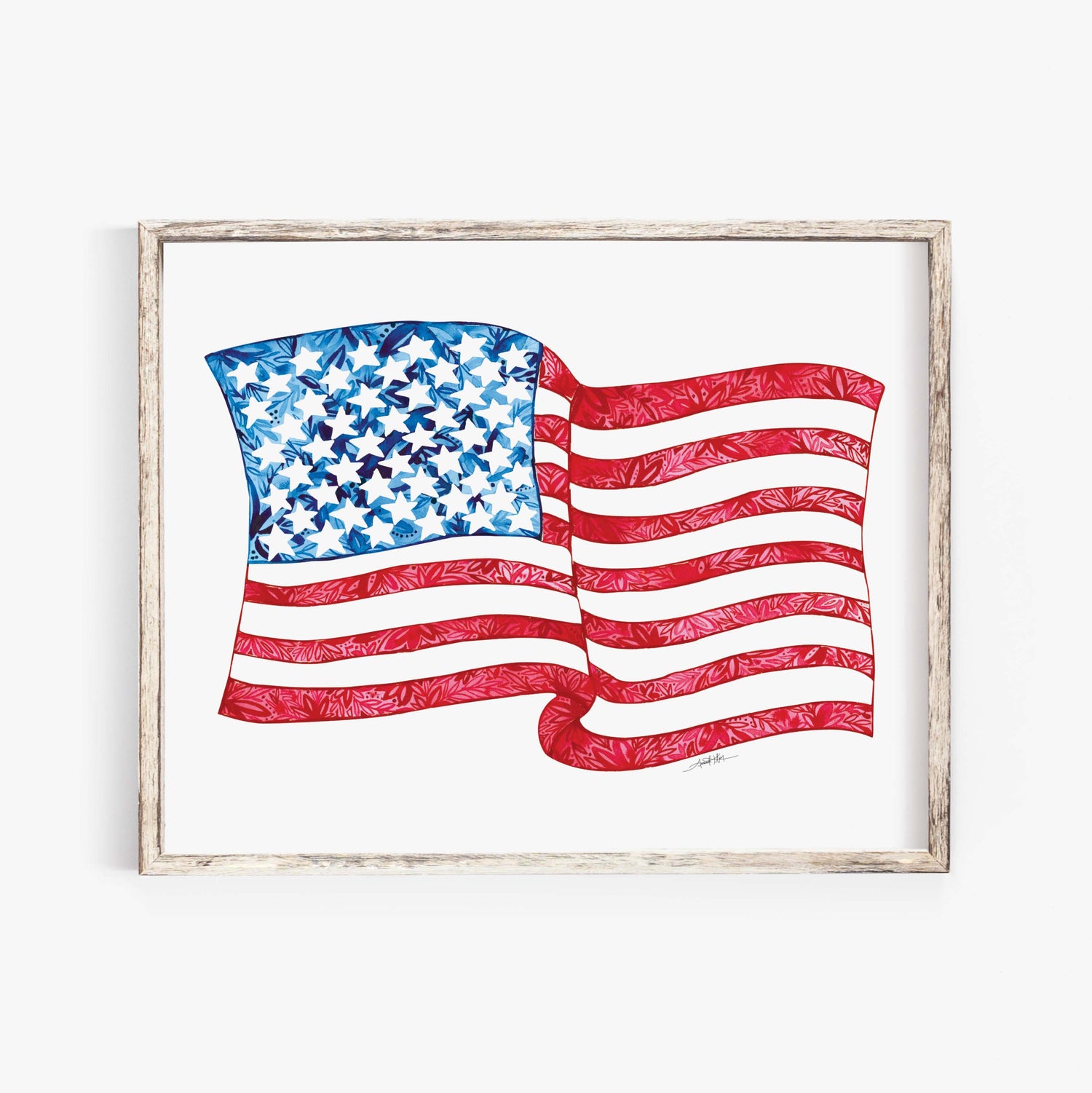 Framed artwork of an American flag on a white background