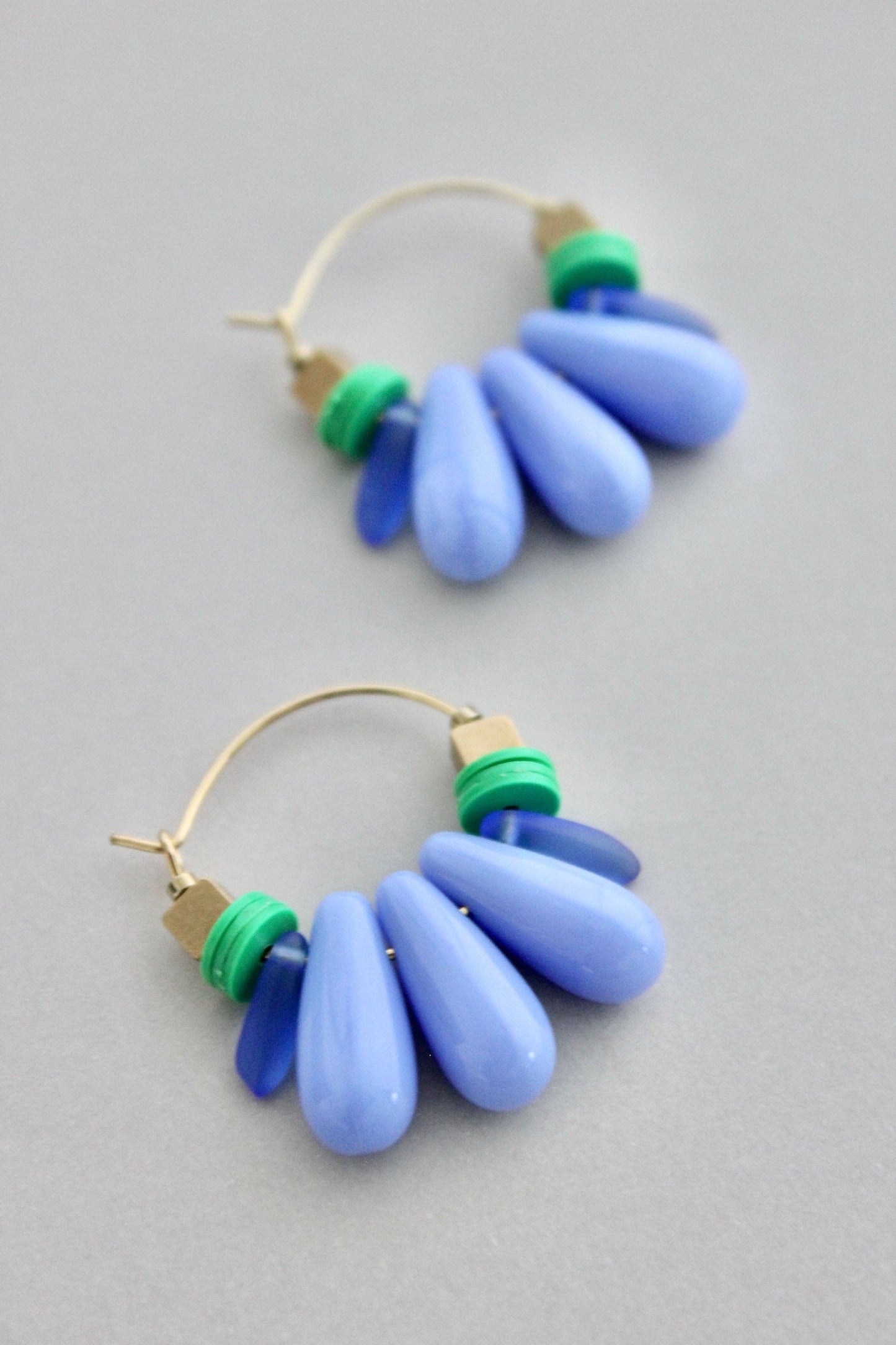 Lavender Glass and Green Hoop Earrings