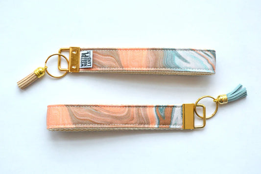 Key Fob Wristlet - Orange and Teal Marble Ink