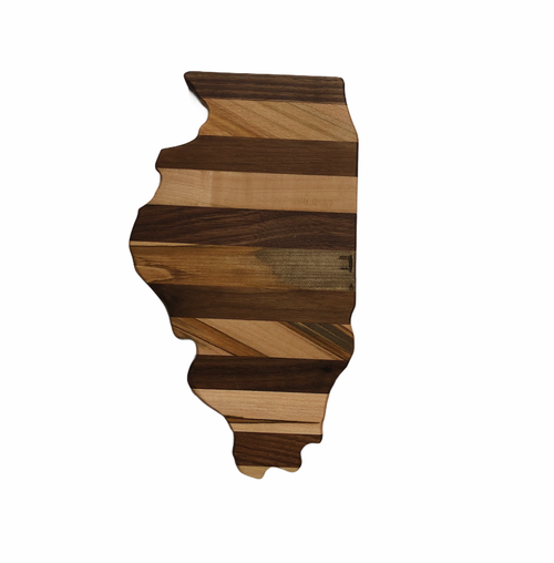 Photo of wood charcuterie cutting board in the shape of Illinois.