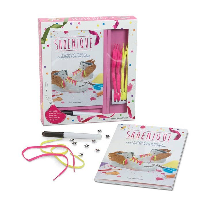 Photo of “Shoenique: Customize Your Footwear” shoe customizing kit, with packaging and example of what is included.