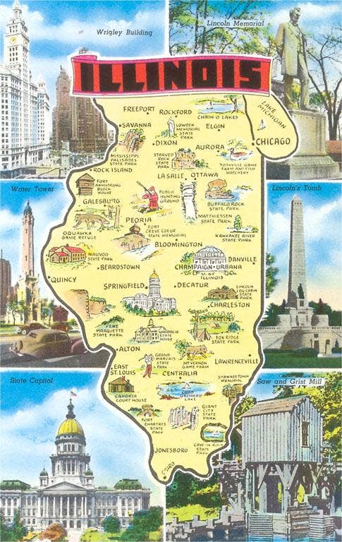 Postcard image of Illinois attractions.