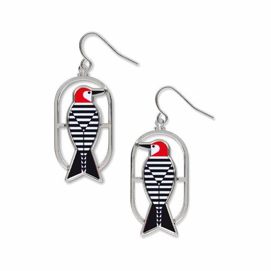 Image of Charley Harper’s Woodpecker Earrings, on a white background.