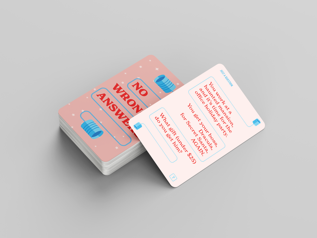 Photo of No Wrong Answers game sample cards.