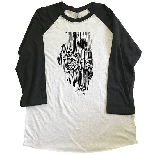 Three-quarter length, grey and black baseball tshirt with Illinois design.