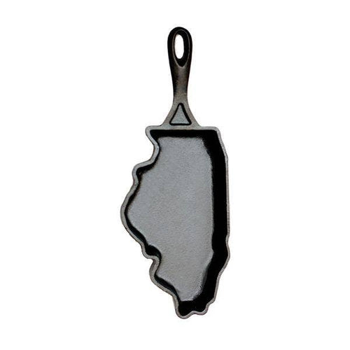 Image of Illinois-shaped cast iron skillet.