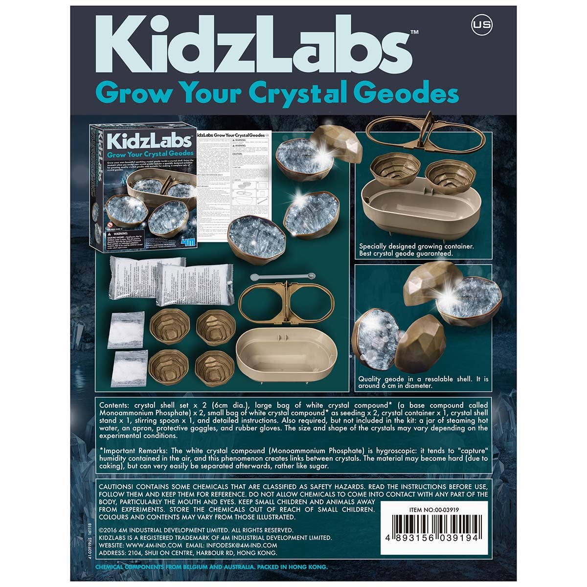 Image of the back of the Crystal Geode Growing Kit, showing the materials included.