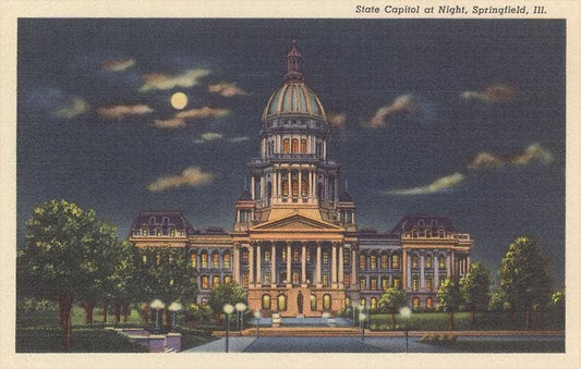 Retro Illinois postcard, showing Capitol at night.
