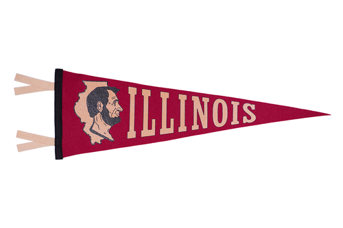 Image of the red Illinois Pennant, featuring Abraham Lincoln, on a white background.